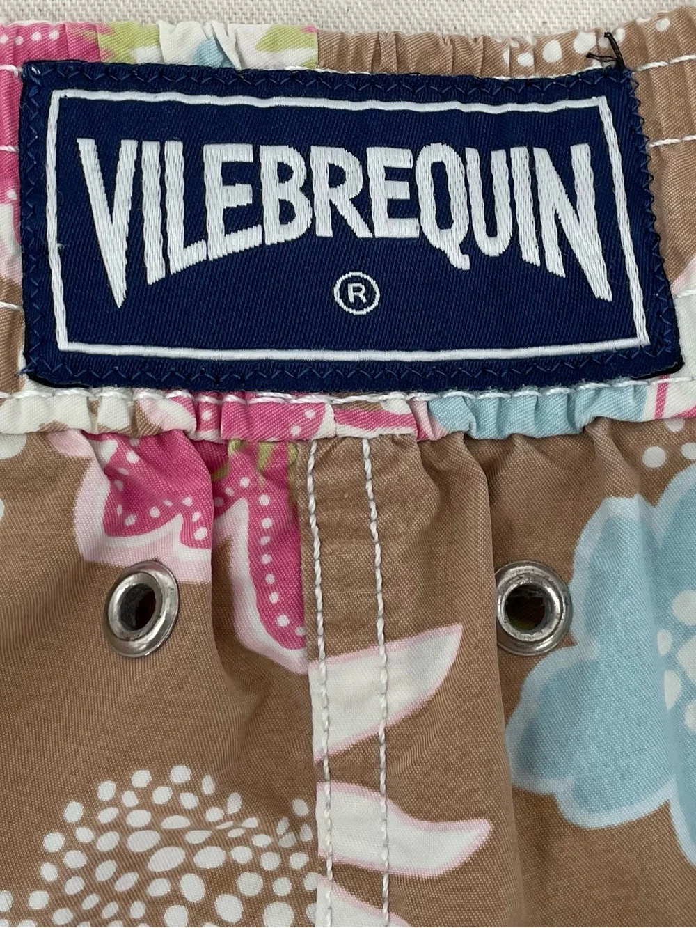 Vilebrequin Brown Floral Drawstring Swim Shorts with Blue Pink Green Accents